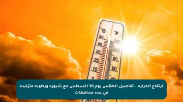 ارتفاع الحرارة.. تفاصيل الطقس يوم 30 أغسطس مع شبورة ورطوبة متزايدة في عدة محافظات
